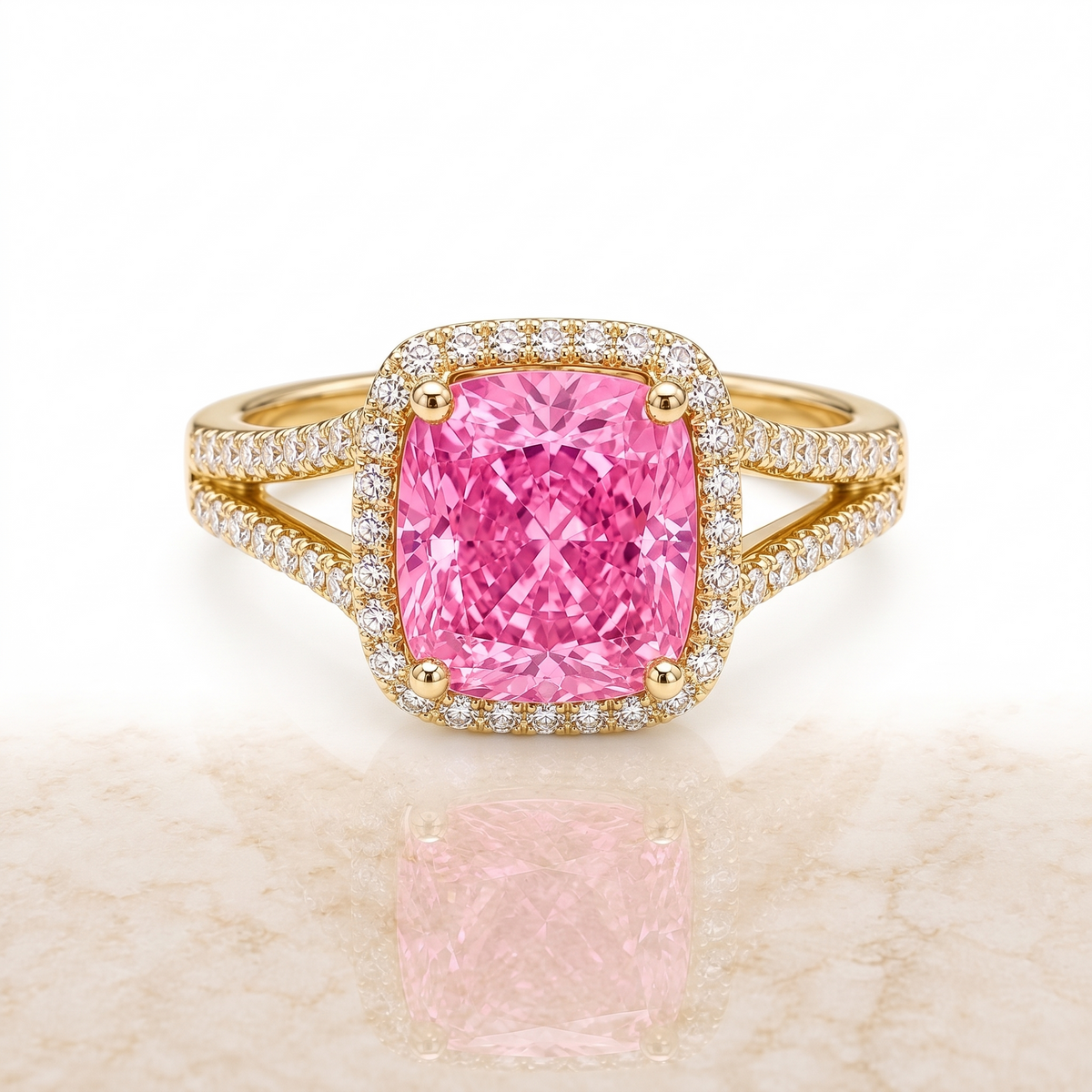 Camellia Cushion-Cut Pink Lab-Grown Diamond Split-Shank Halo Engagement Ring front catalog view on white background