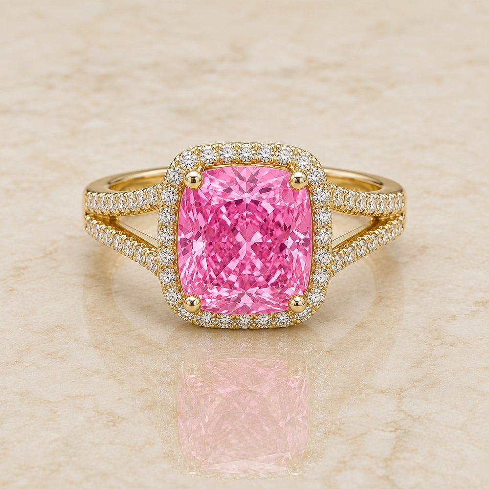Camellia cushion pink lab-grown diamond split-shank halo engagement ring in yellow gold