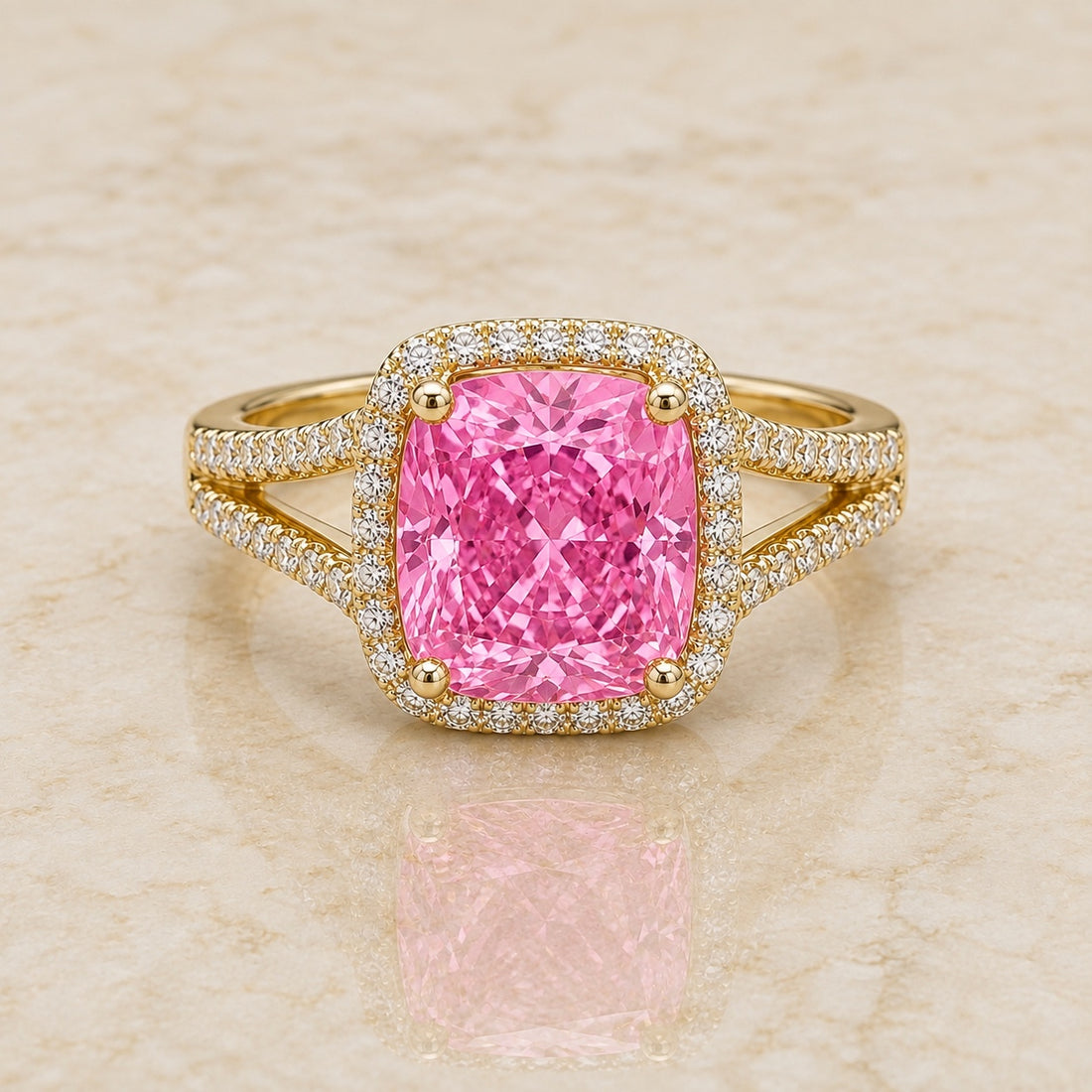 Camellia cushion pink lab-grown diamond split-shank halo engagement ring in yellow gold