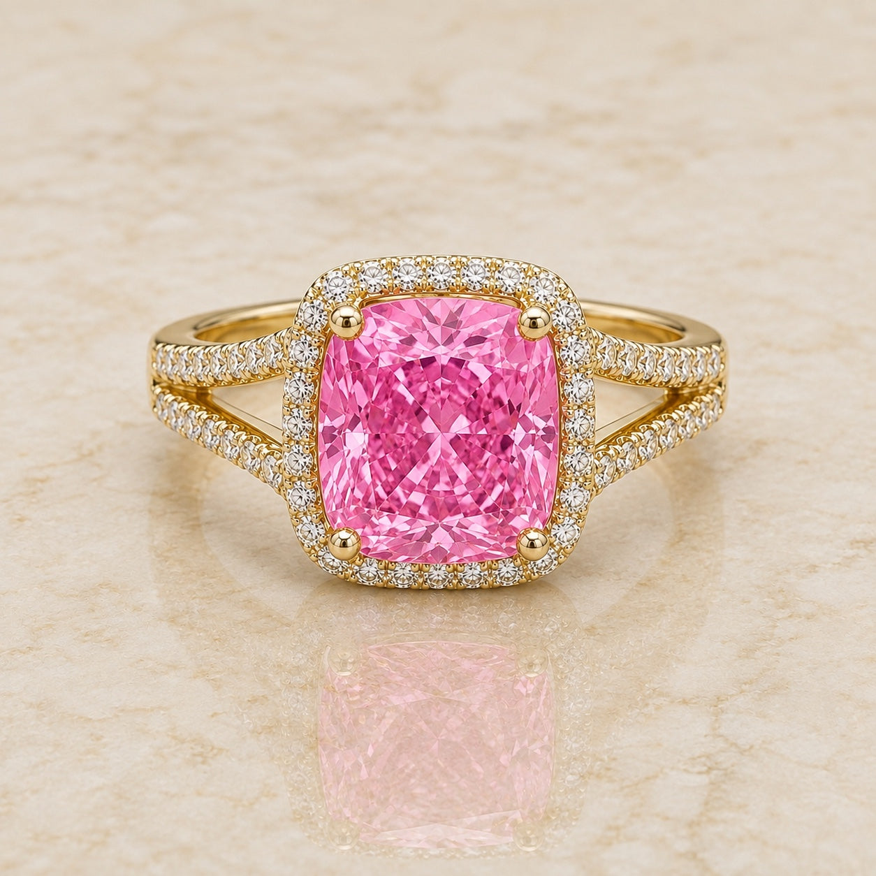 Camellia cushion pink lab-grown diamond split-shank halo engagement ring in yellow gold