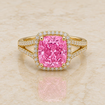 Camellia cushion pink lab-grown diamond split-shank halo engagement ring in yellow gold