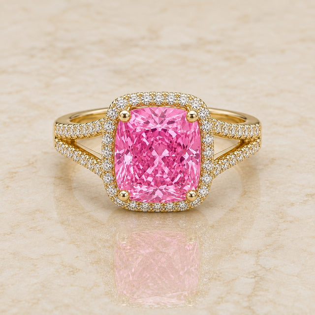 Camellia cushion pink lab-grown diamond split-shank halo engagement ring in yellow gold