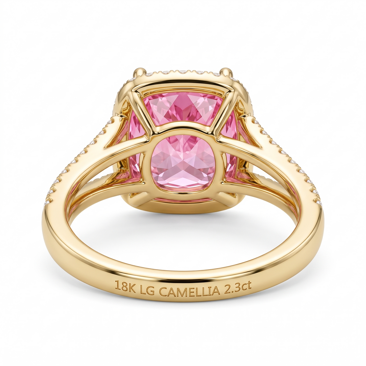 Camellia Cushion-Cut Pink Lab-Grown Diamond Split-Shank Halo Engagement Ring side and rear construction view on white background