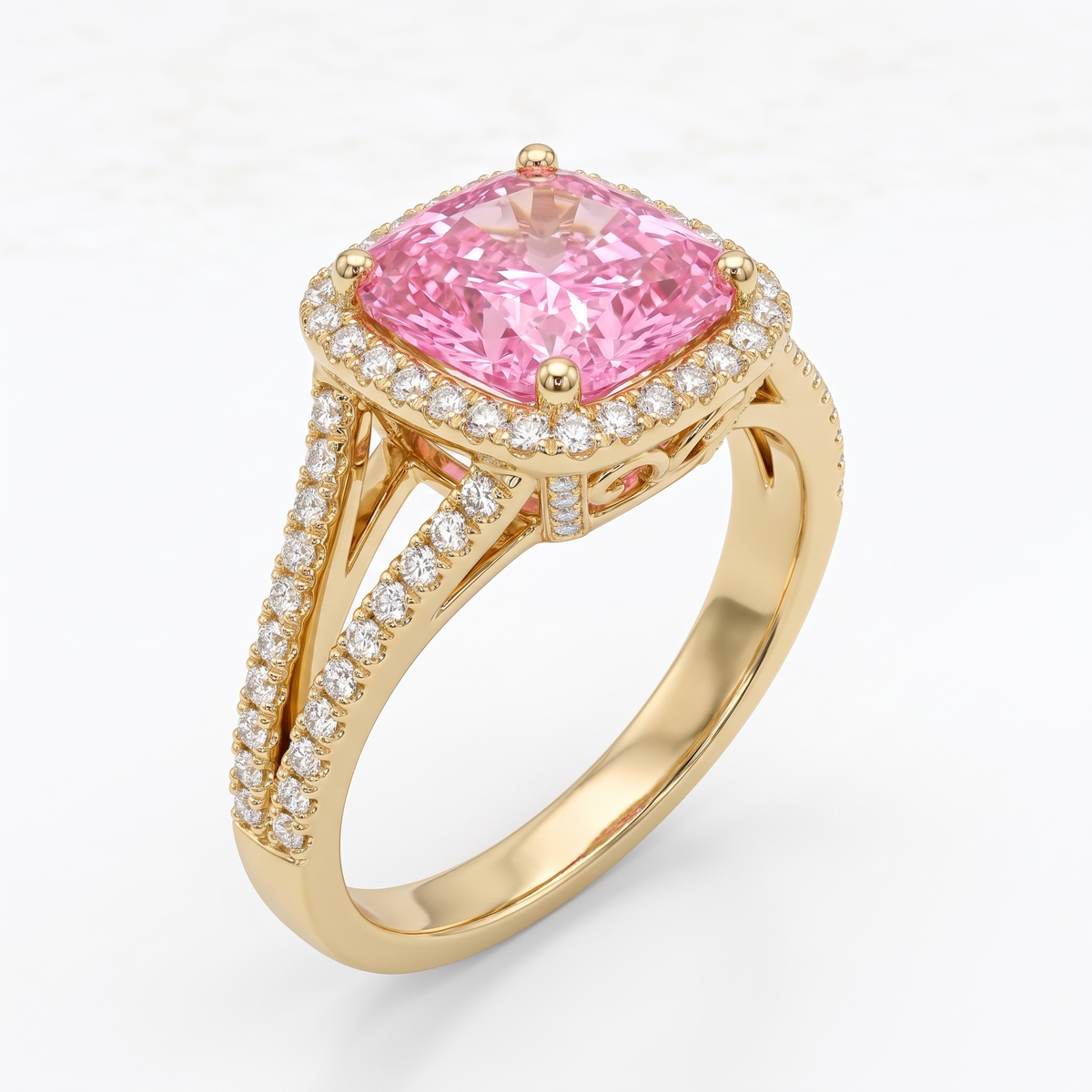 Camellia Cushion-Cut Pink Lab-Grown Diamond Split-Shank Halo Engagement Ring three-quarter catalog view on white background