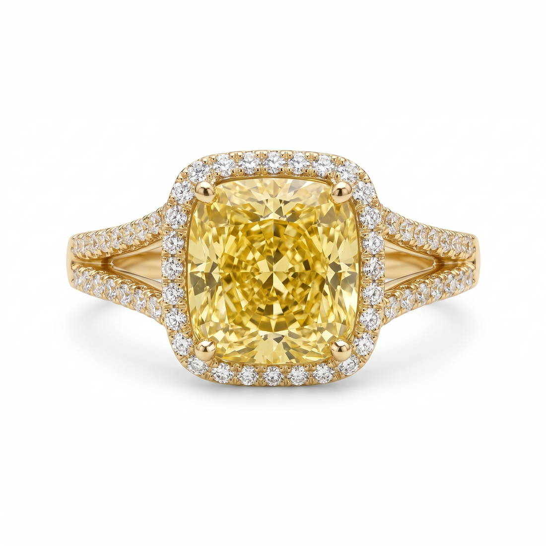 Canary Cushion-Cut Yellow Lab-Grown Diamond Split-Shank Halo Engagement Ring front catalog view on white background