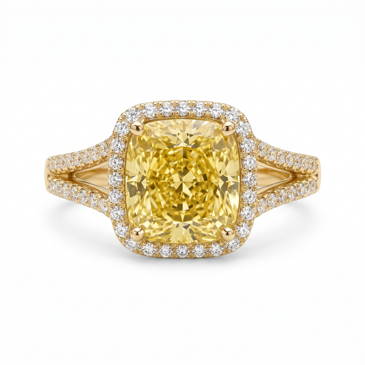 Canary Cushion-Cut Yellow Lab-Grown Diamond Split-Shank Halo Engagement Ring front catalog view on white background
