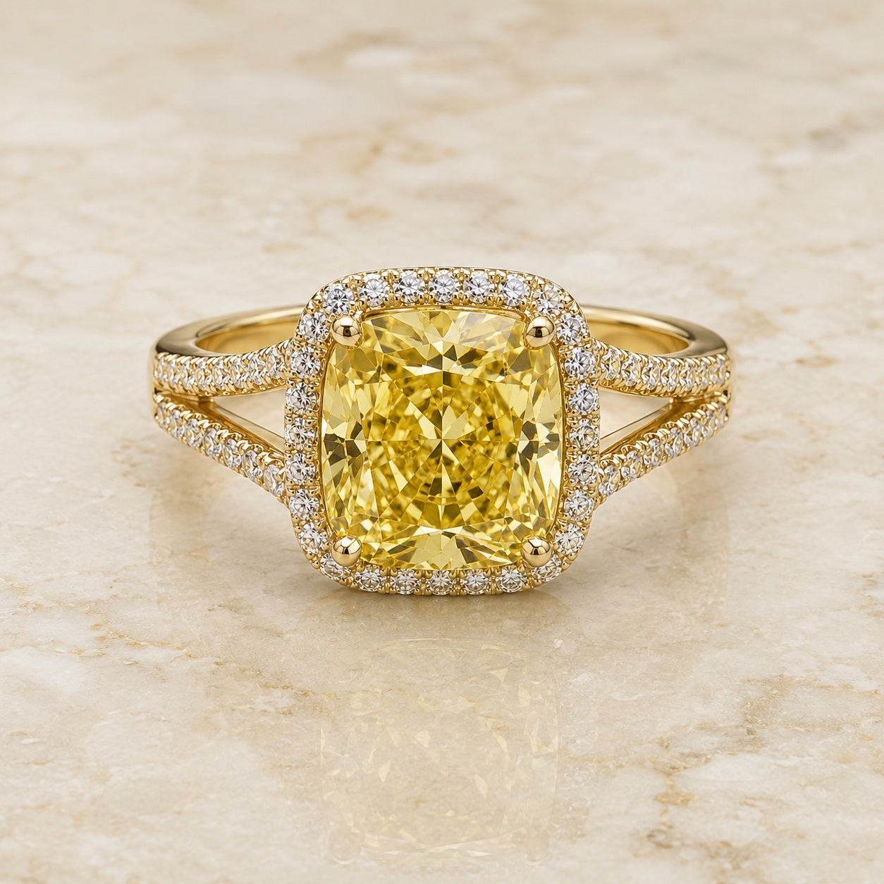 Canary cushion yellow lab-grown diamond split-shank halo engagement ring in yellow gold