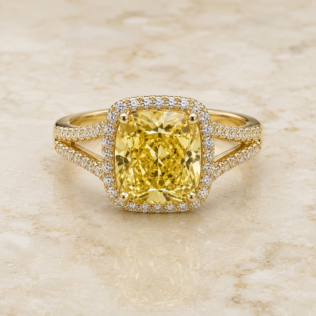 Canary cushion yellow lab-grown diamond split-shank halo engagement ring in yellow gold
