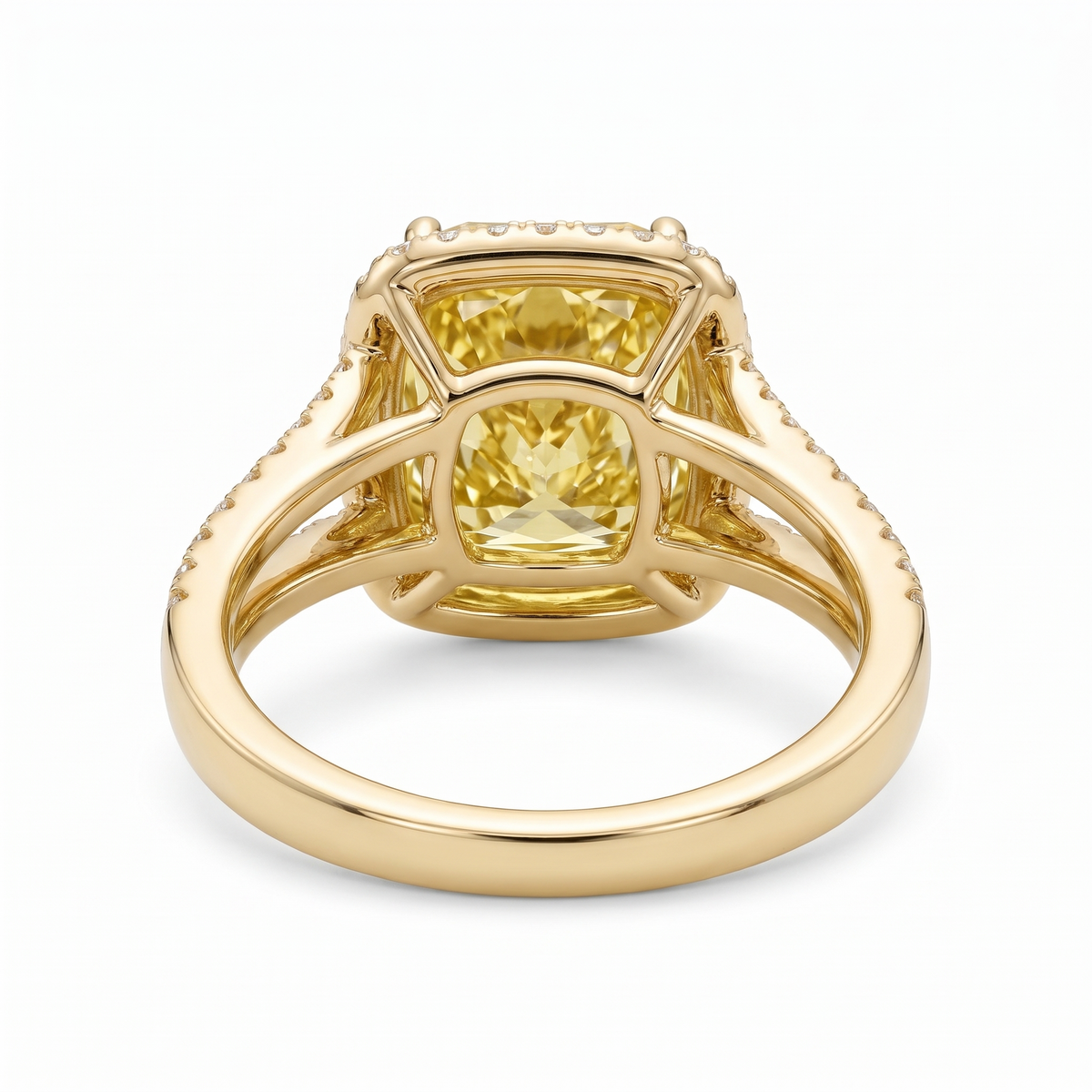 Canary Cushion-Cut Yellow Lab-Grown Diamond Split-Shank Halo Engagement Ring side and rear construction view on white background