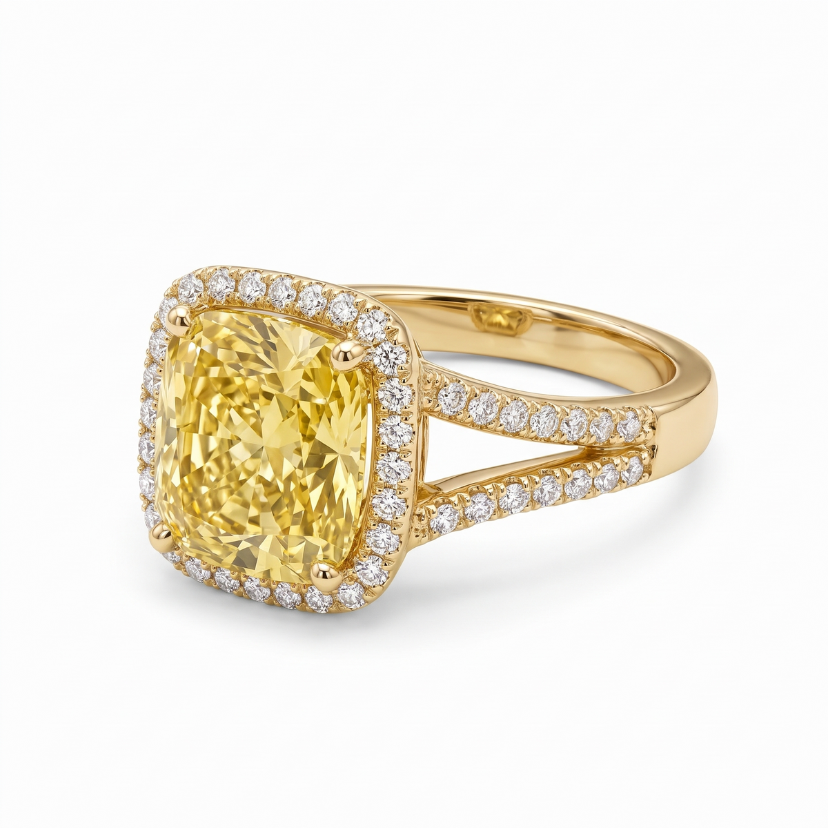 Canary Cushion-Cut Yellow Lab-Grown Diamond Split-Shank Halo Engagement Ring three-quarter catalog view on white background