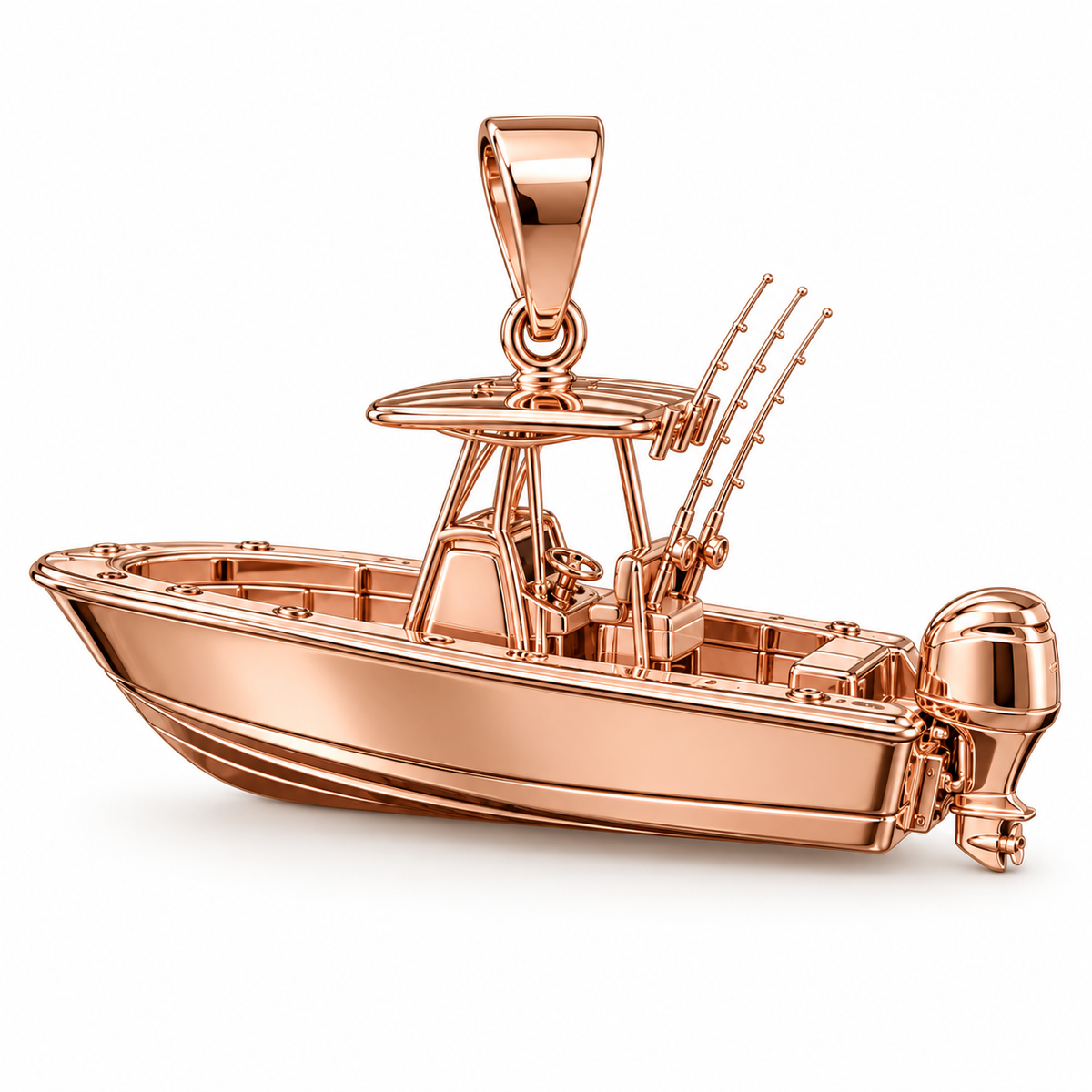 Solid Gold Fishing Boat Pendant center-console design shown in rose-gold color variation on white background