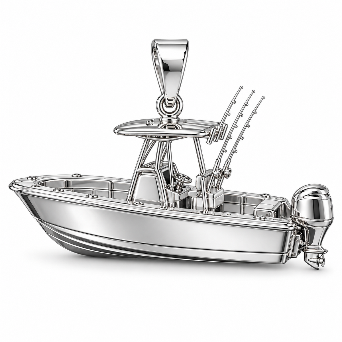 Solid Gold Fishing Boat Pendant center-console design shown in white-gold color variation on white background