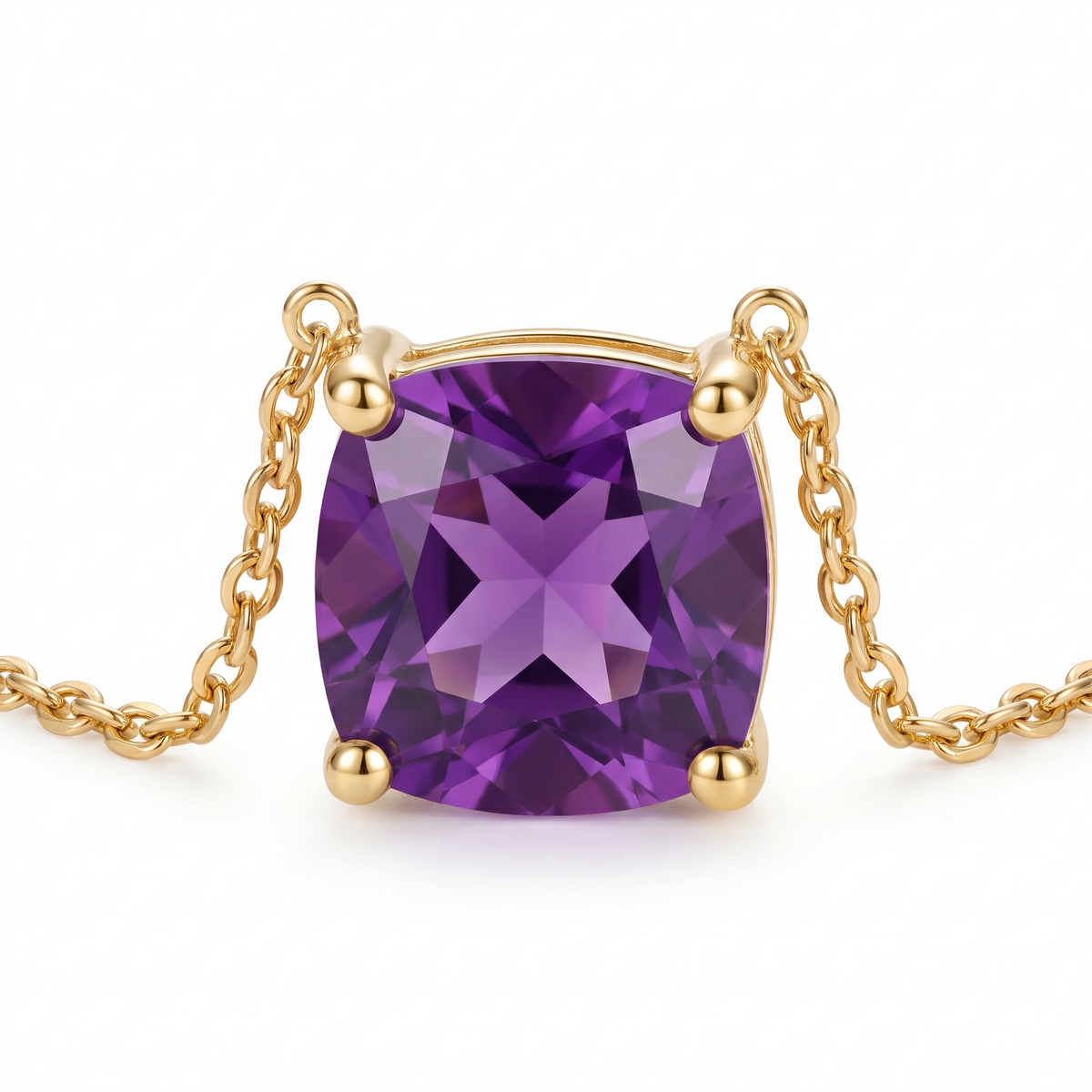 Cushion-Cut Amethyst Solitaire Necklace in Solid Gold