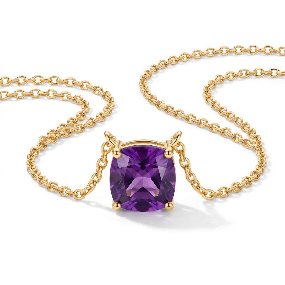 Cushion-Cut Amethyst Solitaire Necklace in Solid Gold