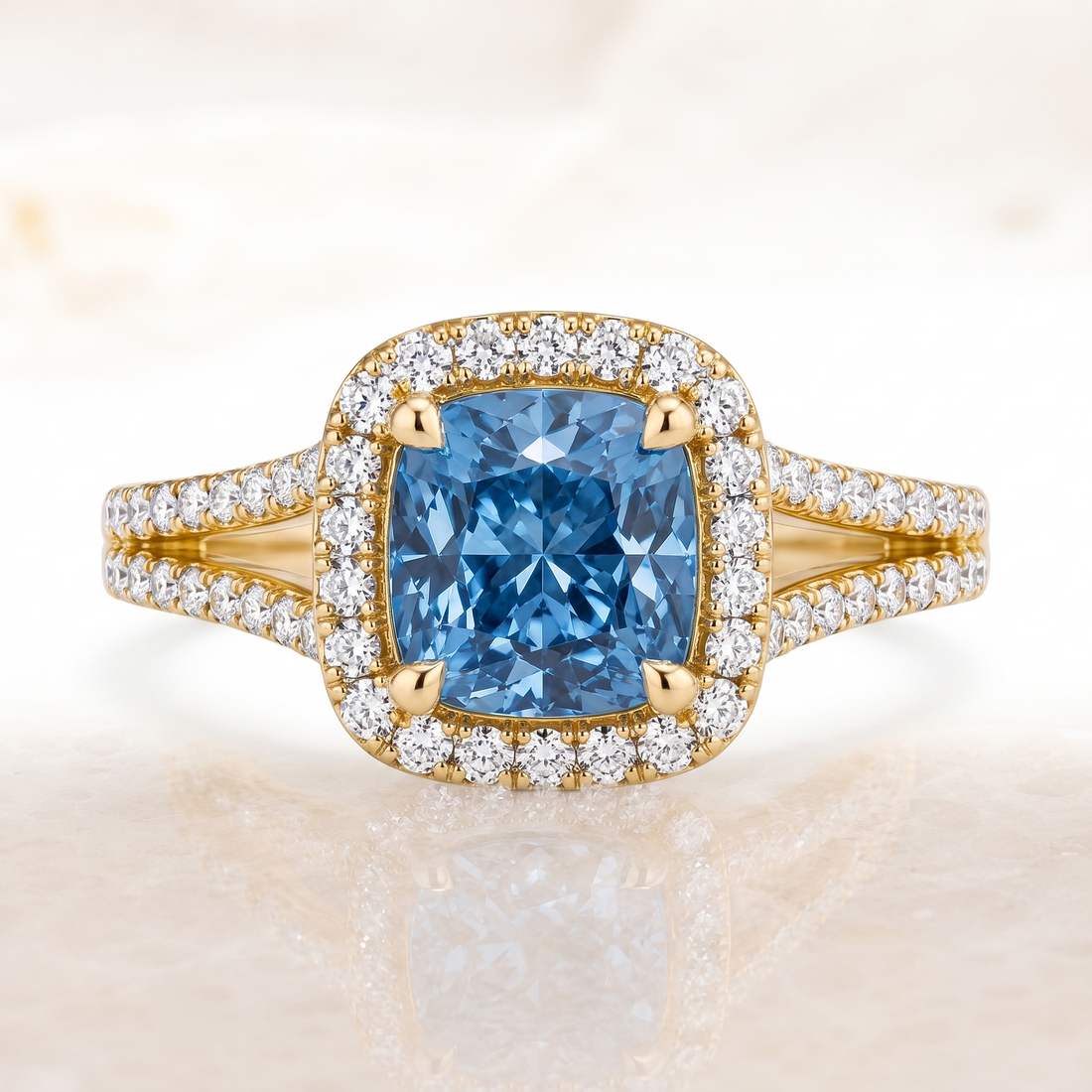 Blue Cushion-Cut Lab-Grown Diamond Split-Shank Halo Engagement Ring front catalog view on white background