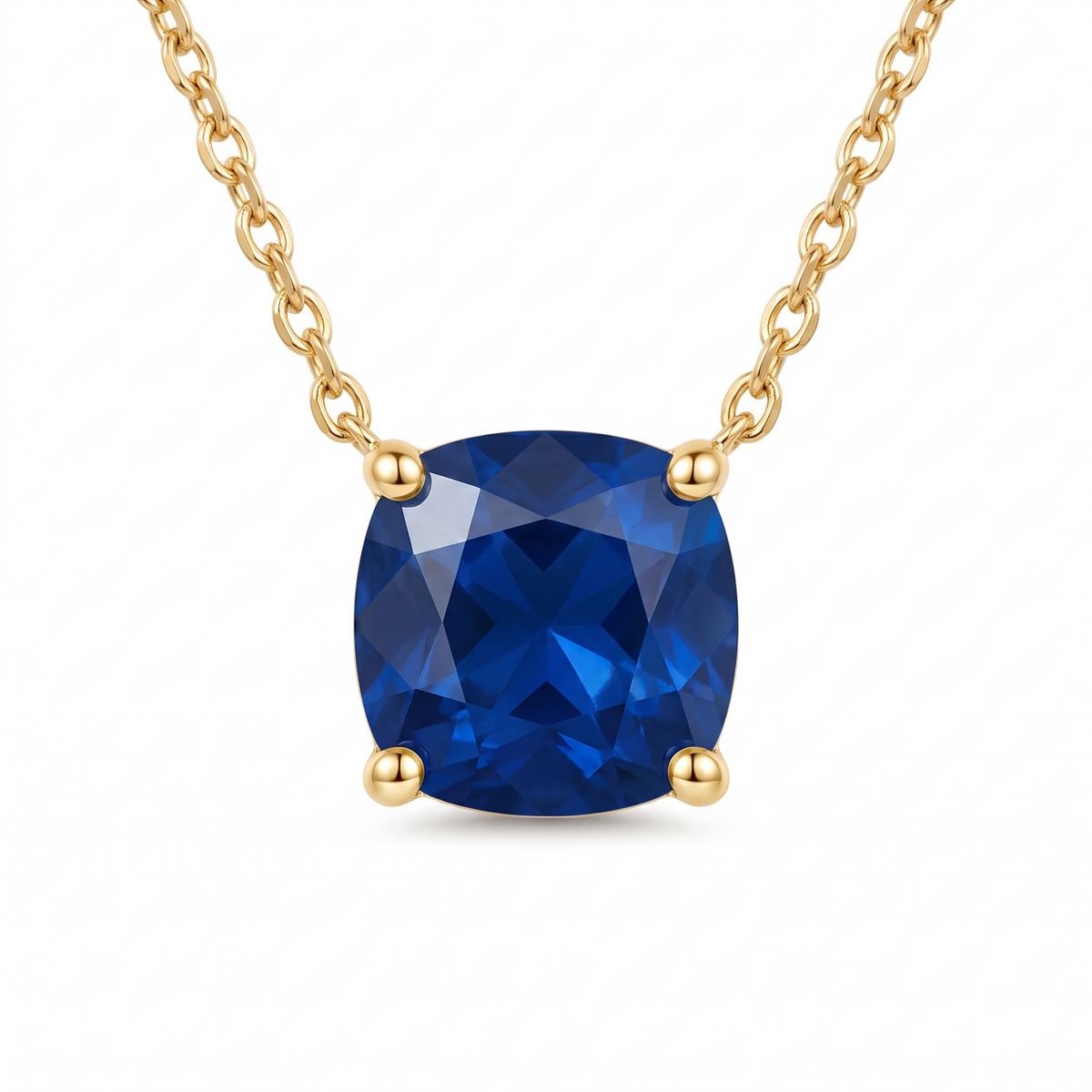 Cushion-Cut Blue Sapphire Solitaire Necklace in Solid Gold