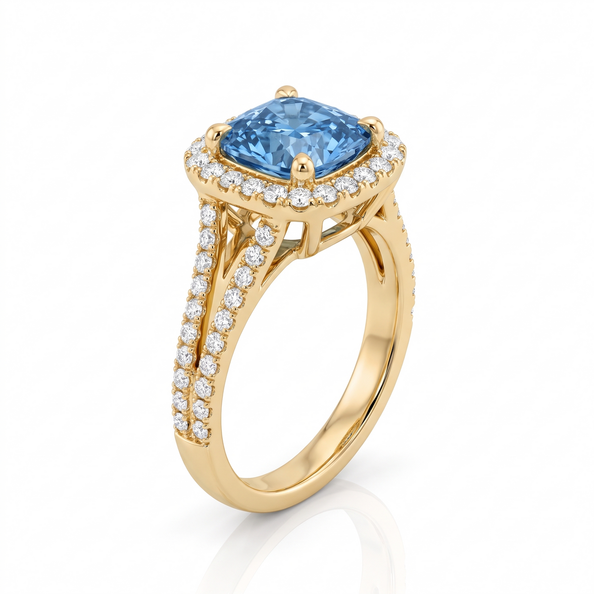 Blue Cushion-Cut Lab-Grown Diamond Split-Shank Halo Engagement Ring three-quarter catalog view on white background