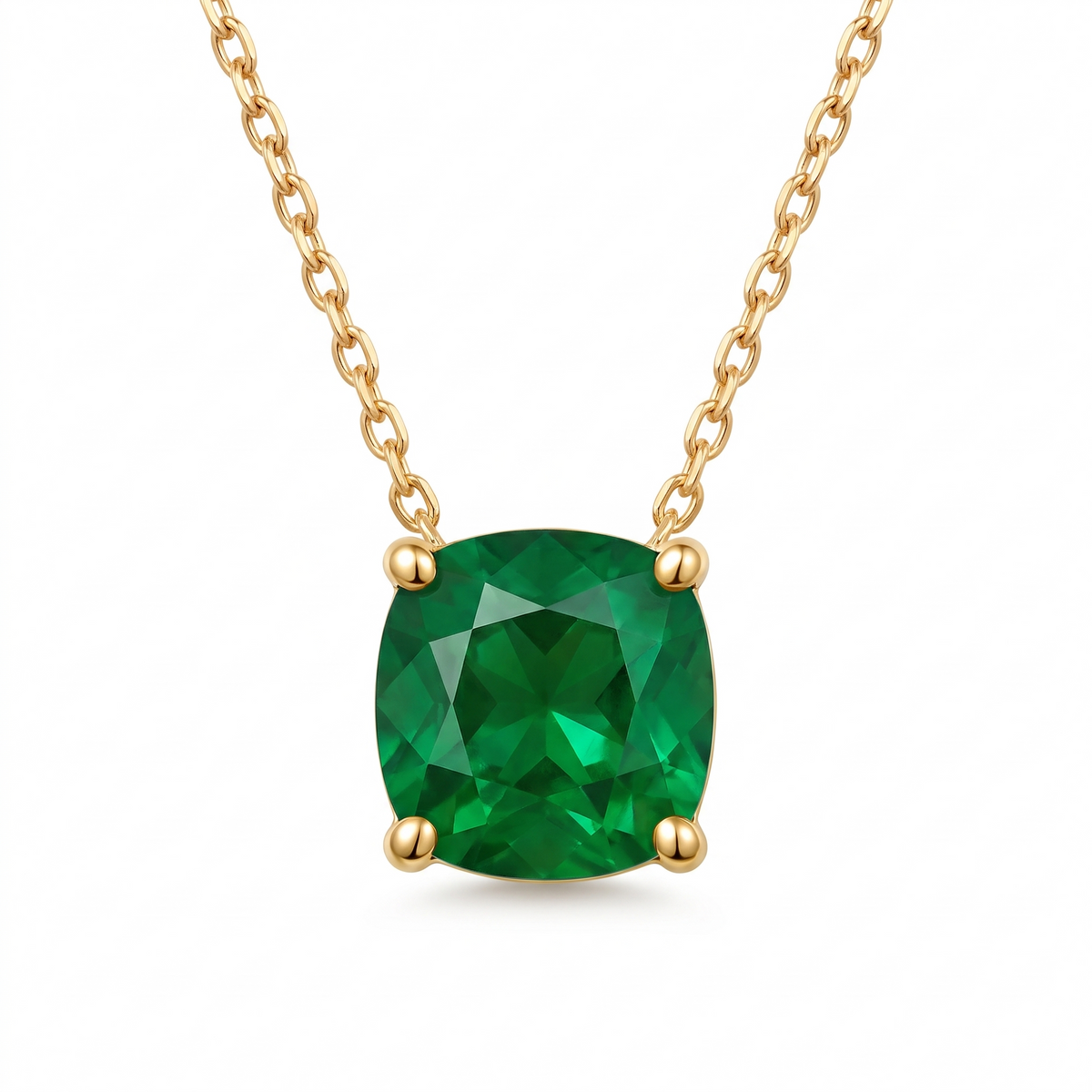 Cushion-Cut Emerald Solitaire Necklace in Solid Gold