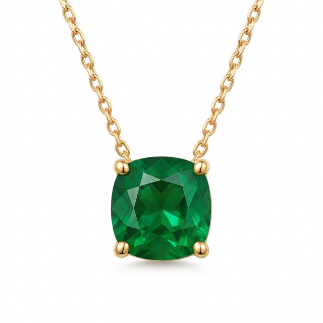 Cushion-Cut Emerald Solitaire Necklace in Solid Gold