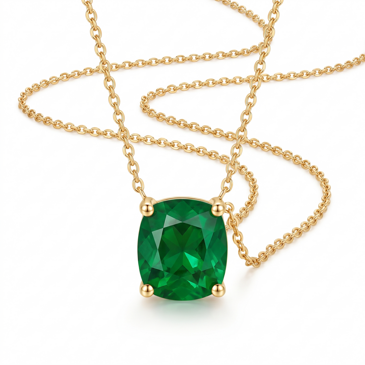 Cushion-Cut Emerald Solitaire Necklace in Solid Gold