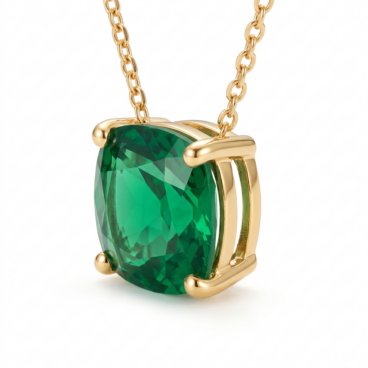 Cushion-Cut Emerald Solitaire Necklace in Solid Gold