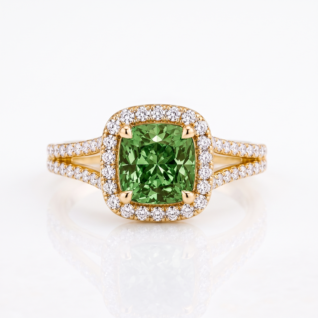 Green Cushion-Cut Lab-Grown Diamond Split-Shank Halo Engagement Ring front catalog view on white background