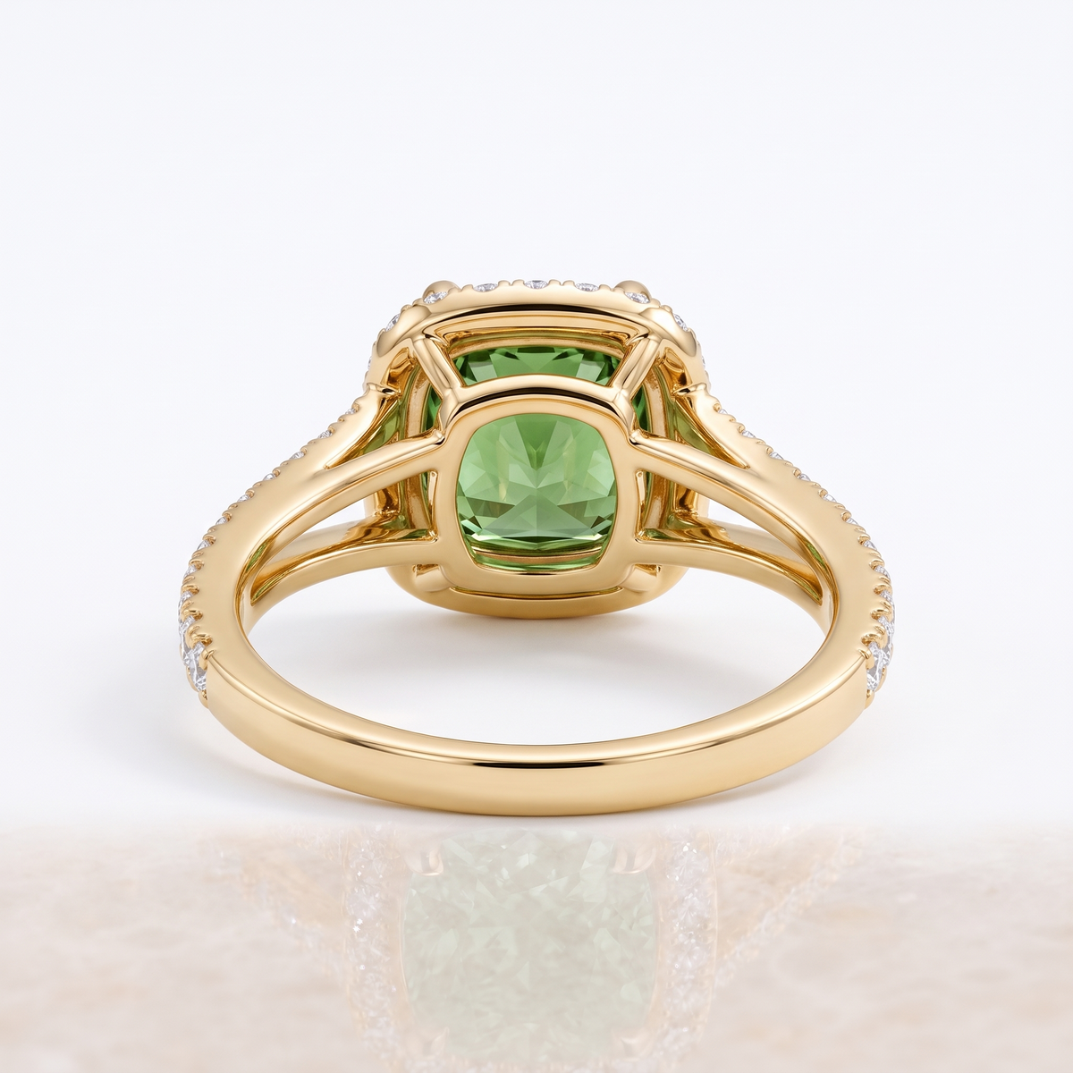 Green Cushion-Cut Lab-Grown Diamond Split-Shank Halo Engagement Ring side and rear construction view on white background