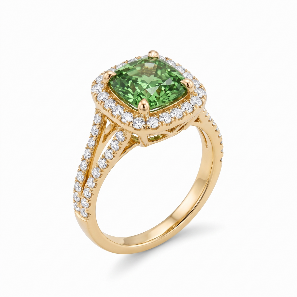 Green Cushion-Cut Lab-Grown Diamond Split-Shank Halo Engagement Ring three-quarter catalog view on white background