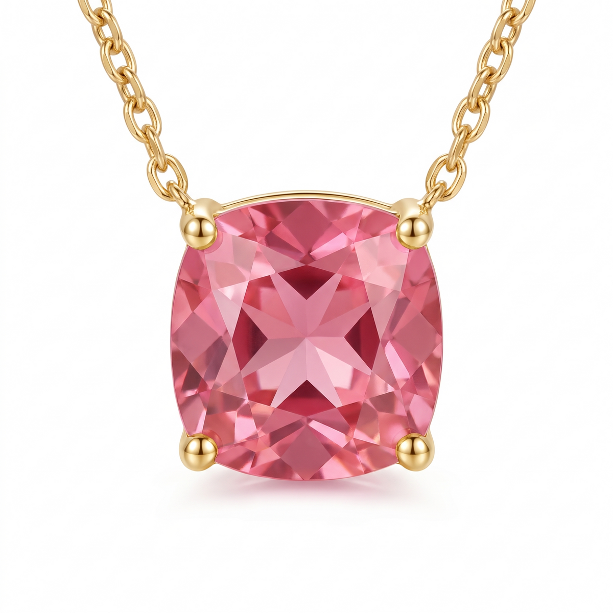 Cushion-Cut Pink Tourmaline Solitaire Necklace in Solid Gold