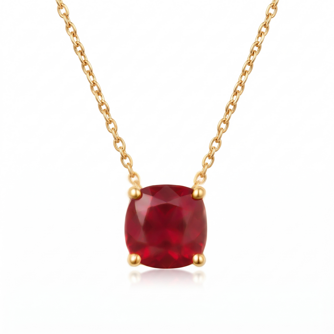 Cushion-Cut Ruby Solitaire Necklace in Solid Gold