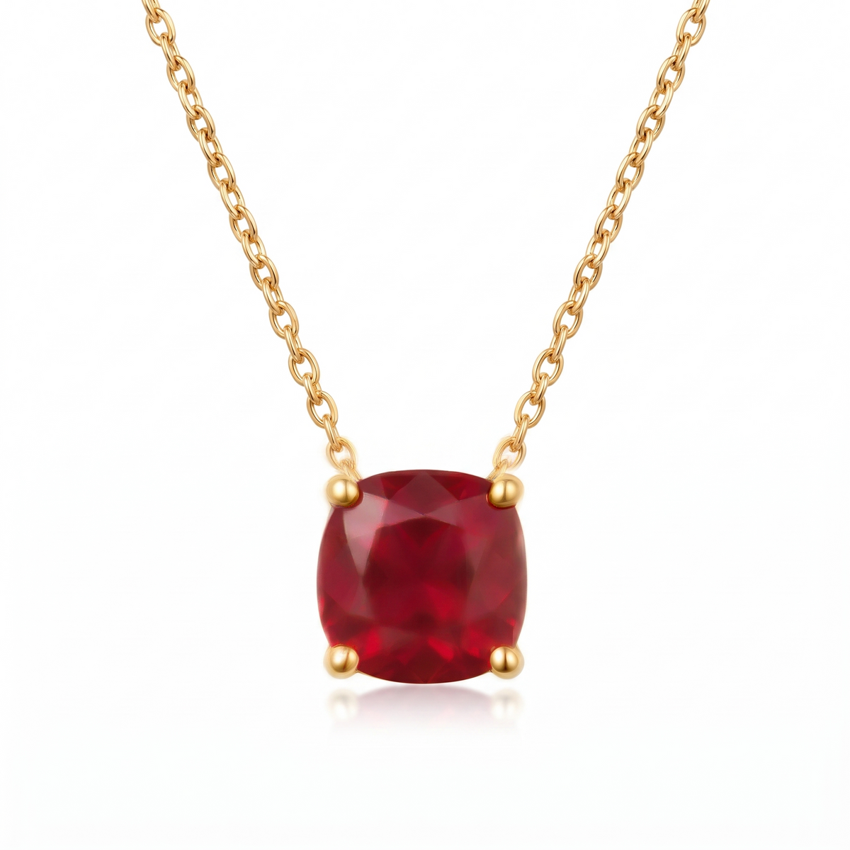 Cushion-Cut Ruby Solitaire Necklace in Solid Gold