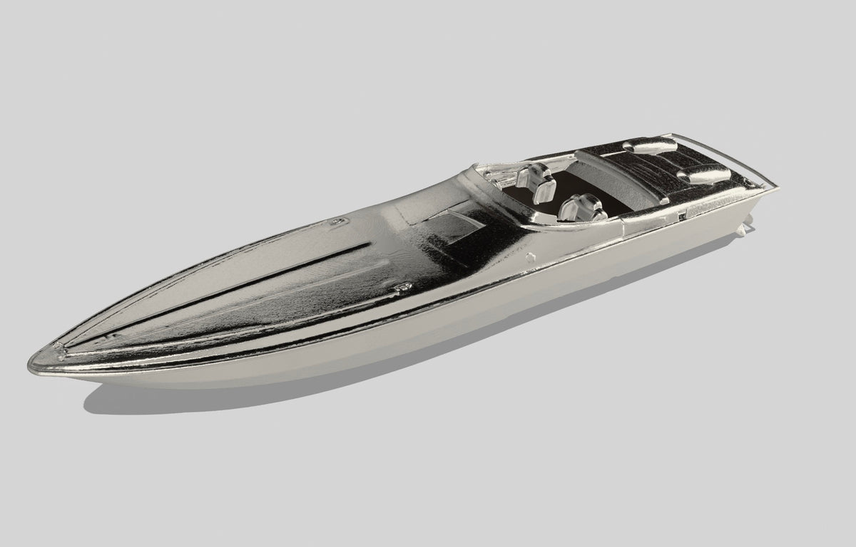 Design rendering of the custom Cigarette Tiger racing boat pendant in sterling silver, front three-quarter view.