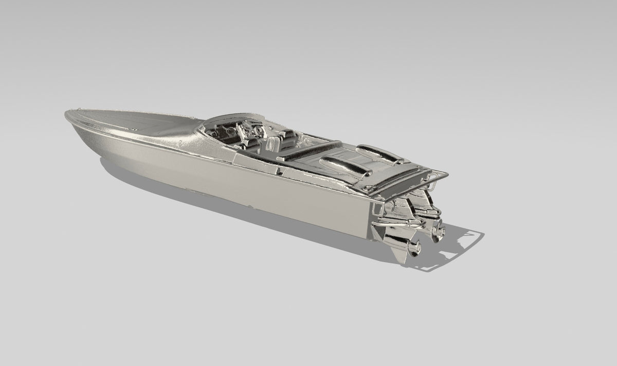 Design rendering of the custom Cigarette Tiger racing boat pendant in sterling silver, rear three-quarter view showing the cockpit and twin stern drives.