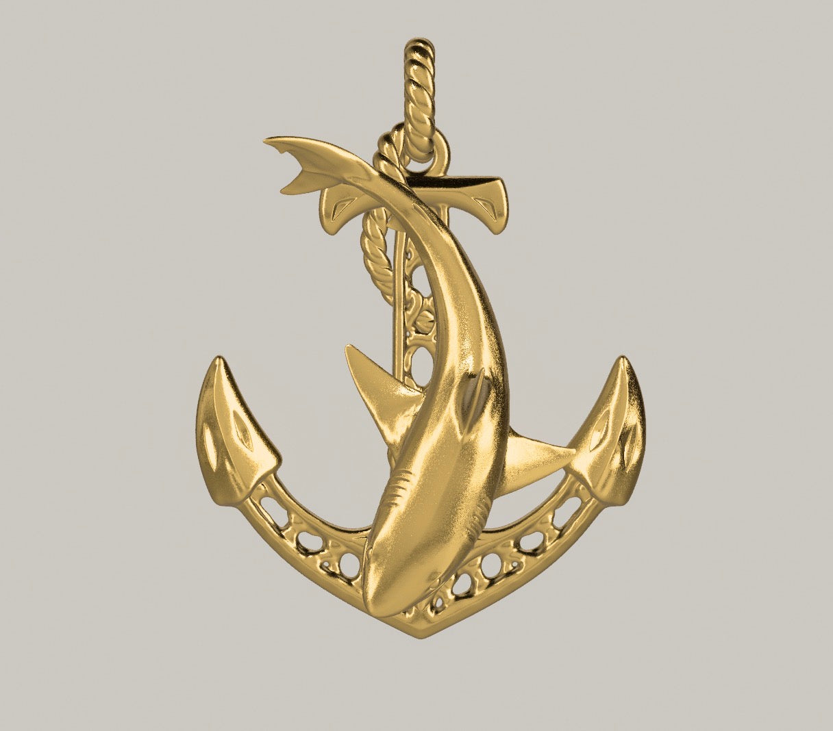 Design reference rendering of a shark-and-anchor pendant with a rope-style bail; final specifications pending approval.
