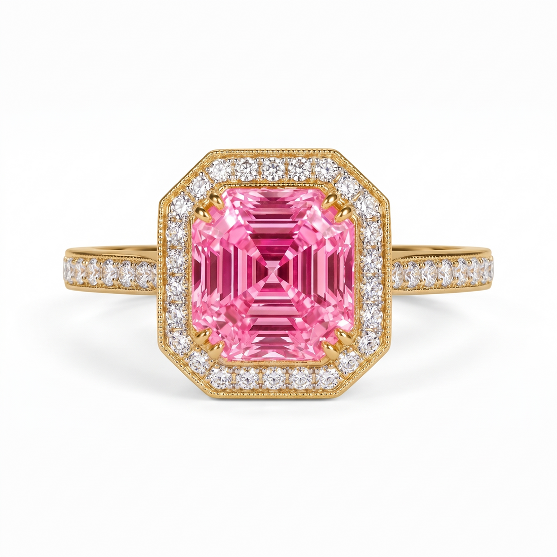 Deco Asscher-Cut Pink Lab-Grown Diamond Halo Engagement Ring front catalog view on white background