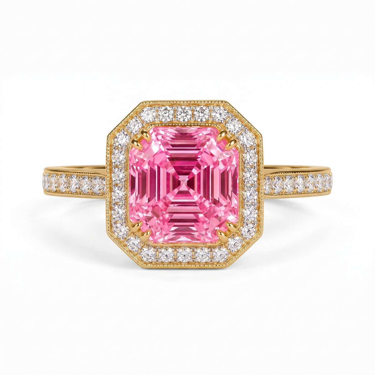 Deco Asscher-Cut Pink Lab-Grown Diamond Halo Engagement Ring front catalog view on white background