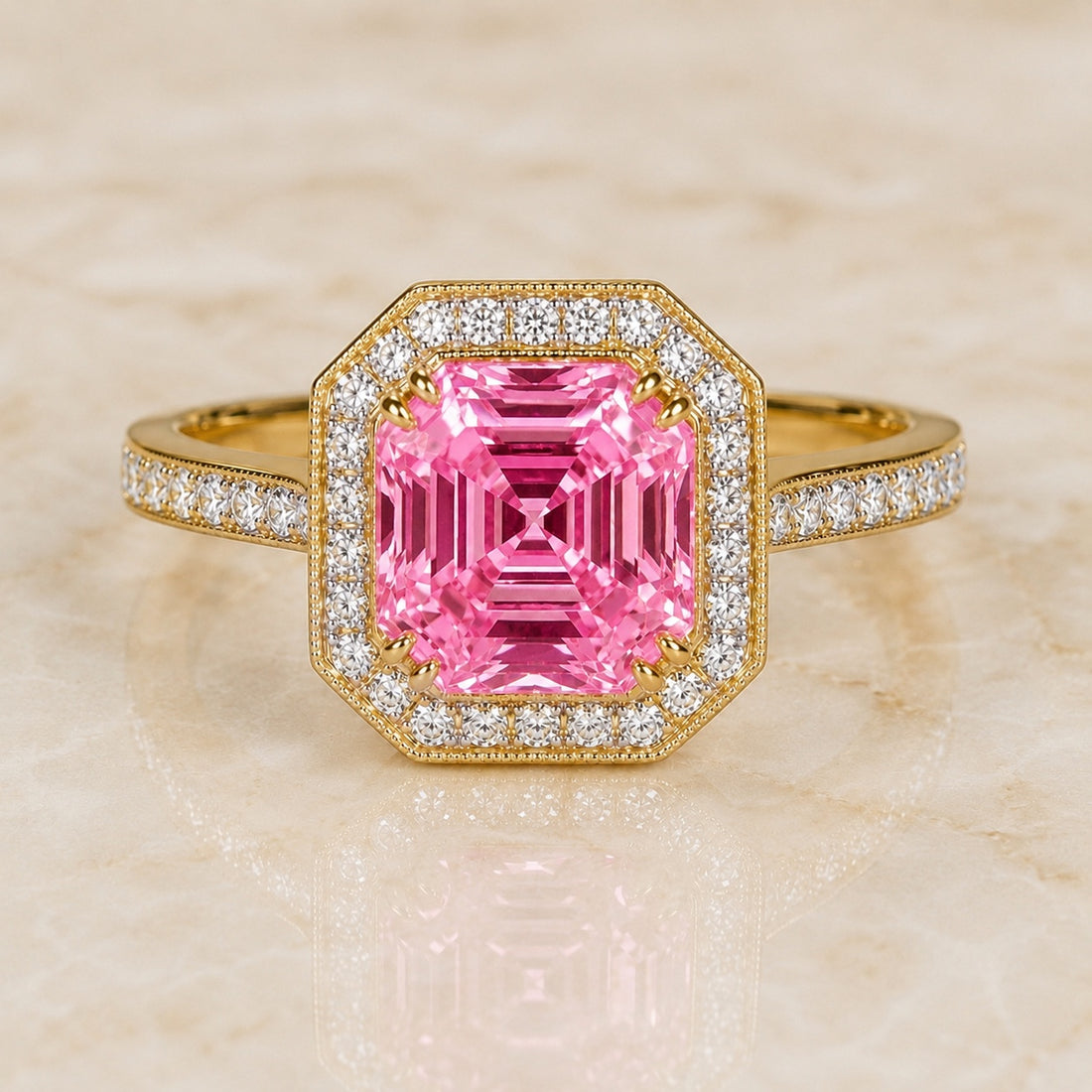 Deco Asscher-cut pink lab-grown diamond halo engagement ring in yellow gold