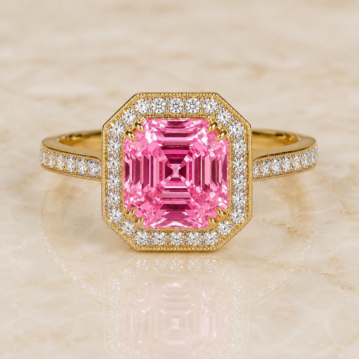Deco Asscher-cut pink lab-grown diamond halo engagement ring in yellow gold