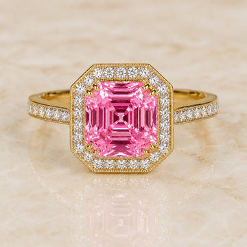 Deco Asscher-cut pink lab-grown diamond halo engagement ring in yellow gold
