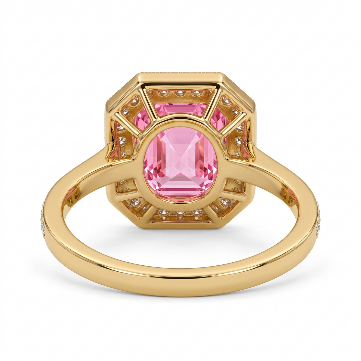 Deco Asscher-Cut Pink Lab-Grown Diamond Halo Engagement Ring side and rear construction view on white background