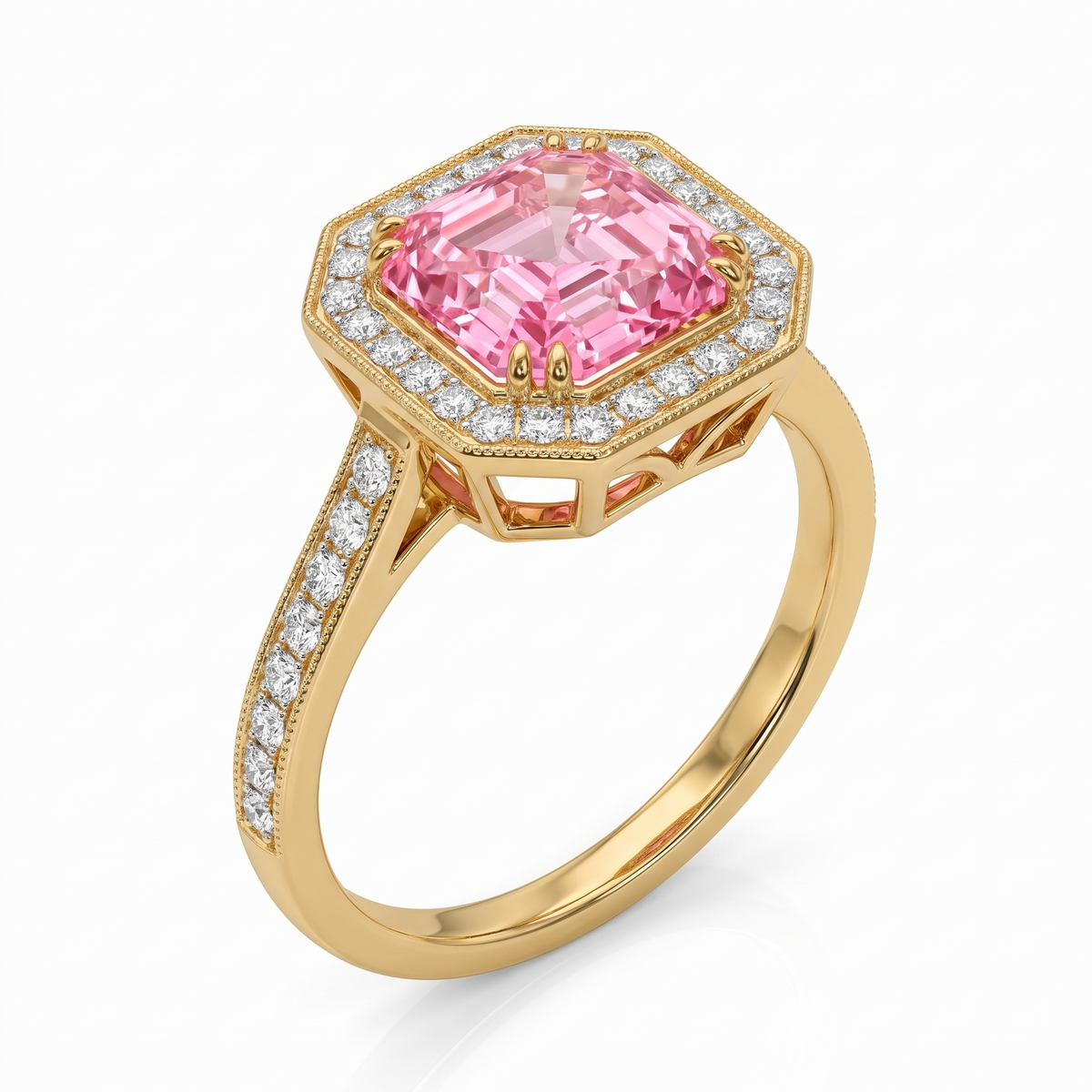 Deco Asscher-Cut Pink Lab-Grown Diamond Halo Engagement Ring three-quarter catalog view on white background