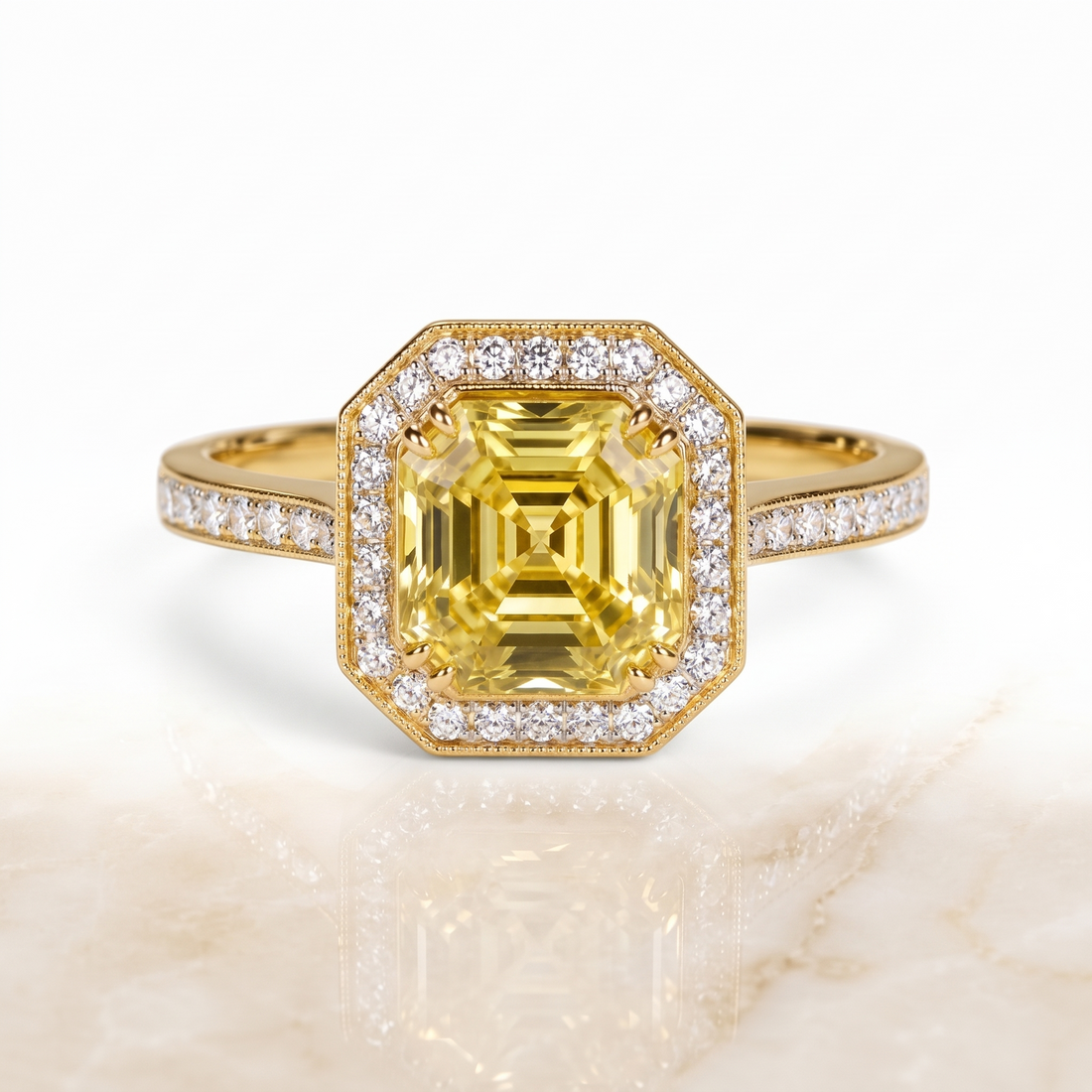 Deco Asscher-Cut Yellow Lab-Grown Diamond Halo Engagement Ring front catalog view on white background