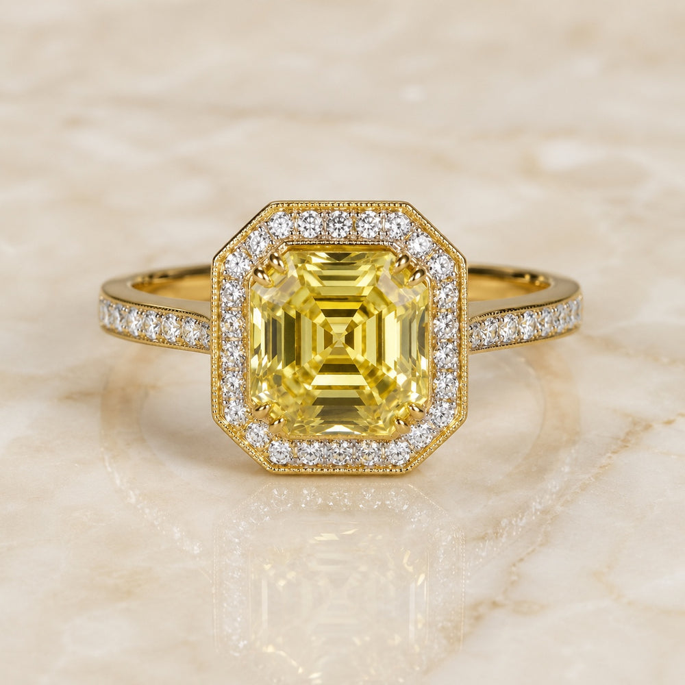 Deco Asscher-cut yellow lab-grown diamond octagonal halo engagement ring in yellow gold