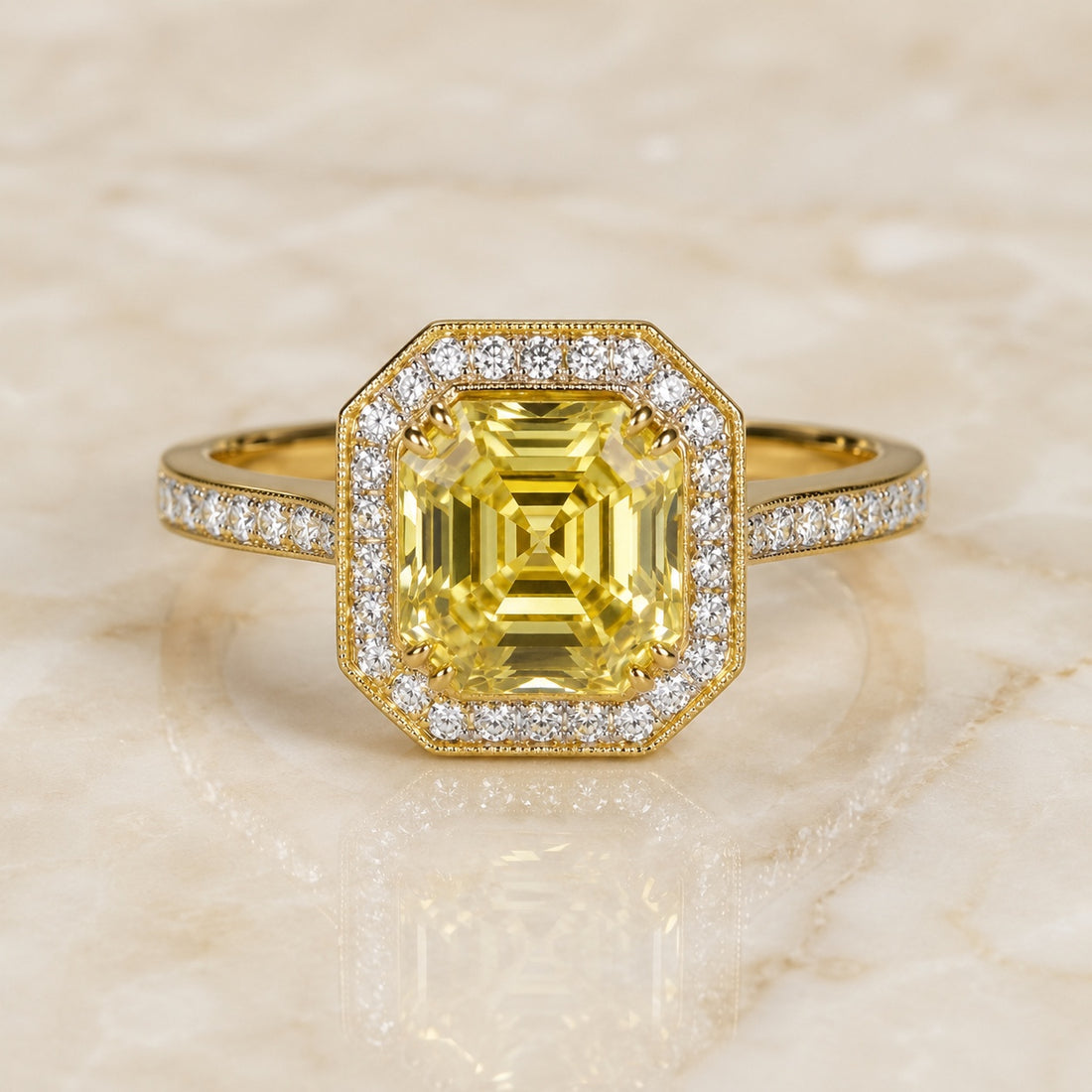 Deco Asscher-cut yellow lab-grown diamond octagonal halo engagement ring in yellow gold