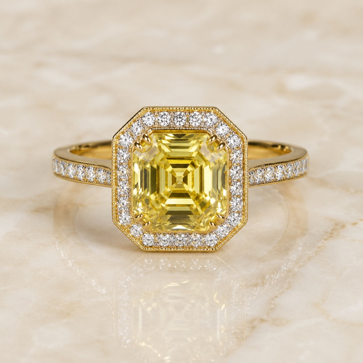 Deco Asscher-cut yellow lab-grown diamond octagonal halo engagement ring in yellow gold