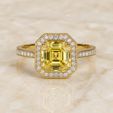 Deco Asscher-cut yellow lab-grown diamond octagonal halo engagement ring in yellow gold