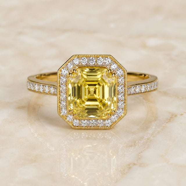 Deco Asscher-cut yellow lab-grown diamond octagonal halo engagement ring in yellow gold