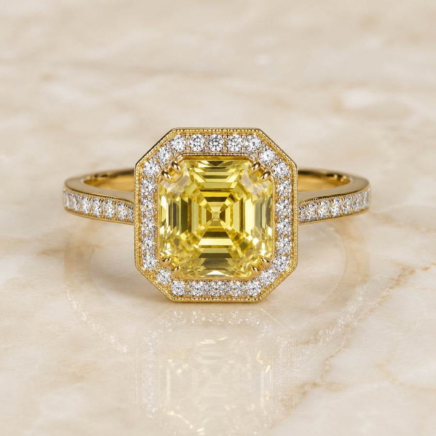 Deco Asscher-cut yellow lab-grown diamond octagonal halo engagement ring in yellow gold