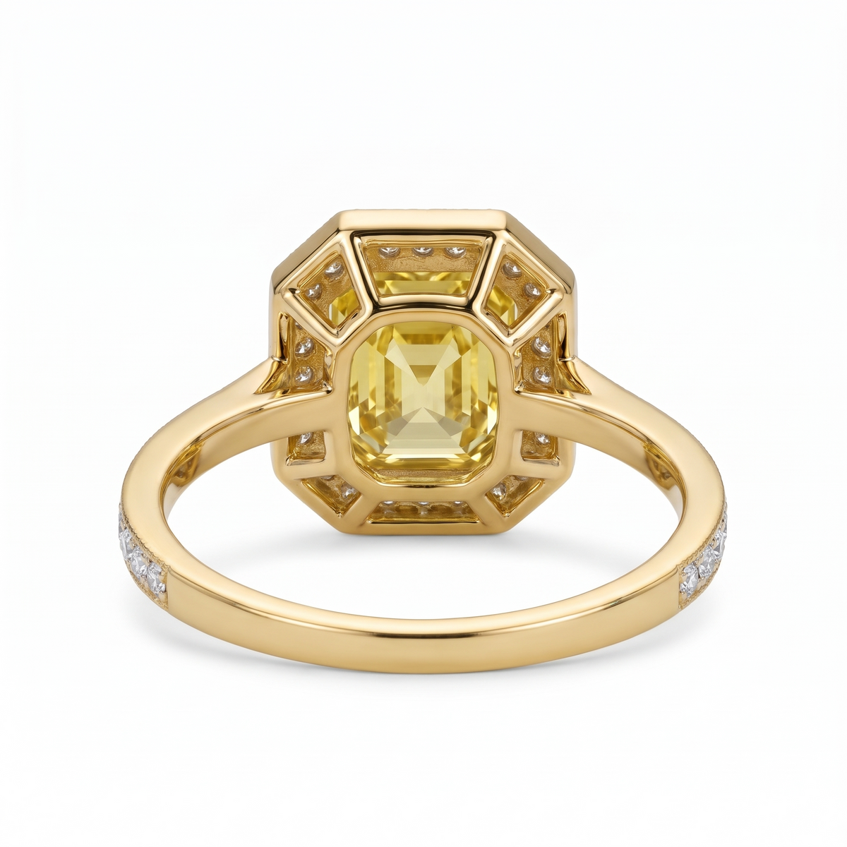 Deco Asscher-Cut Yellow Lab-Grown Diamond Halo Engagement Ring side and rear construction view on white background