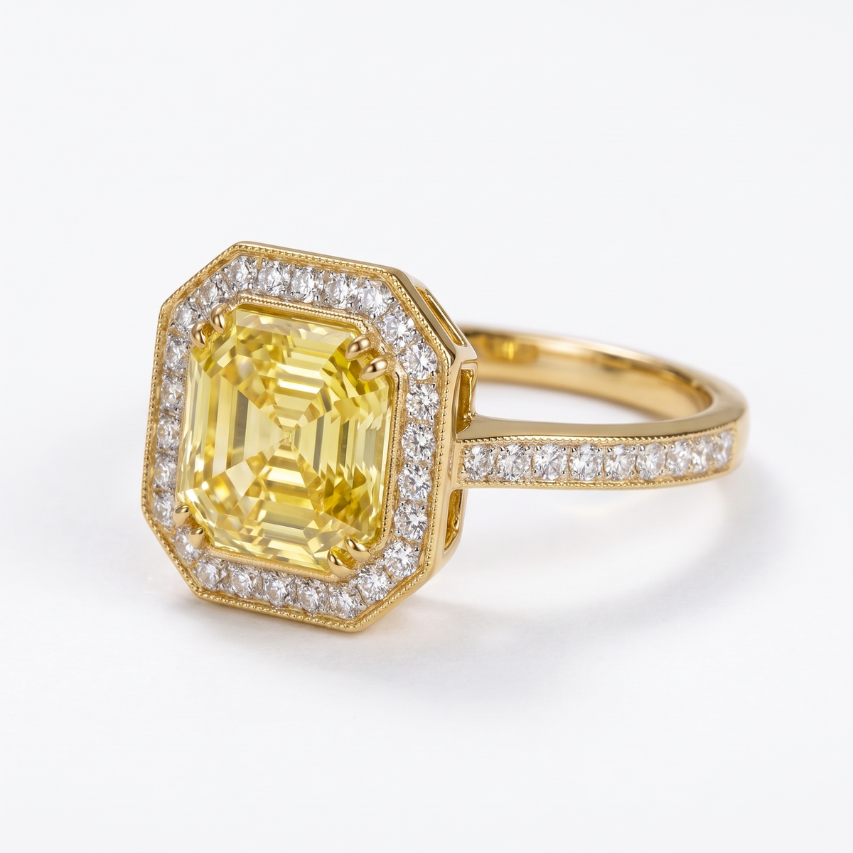 Deco Asscher-Cut Yellow Lab-Grown Diamond Halo Engagement Ring three-quarter catalog view on white background
